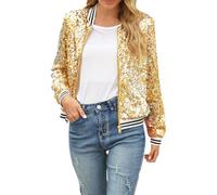 CCOOfhhc Jacke Damen Pailletten Gold Damen Metallic Bikerjacke Blazer mit Glitzer Langarm Bomberjacke Langarm Party Club Offen Glitzer Cardigan Metallic Jacket Reißverschluss Fliegenjacke