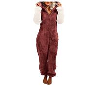CCOOfhhc Jumpsuit Damen Kuschelig Einteiler Overall Mit Kapuze Lange Onesie Plüsch Schlafanzug Anzug Teddy Fleece Ganzkörperanzug Einfarbig Flauschig Hausanzug Warm Pyjama Schlafoverall