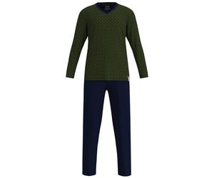 CECEBA Herren Schlafanzug lang ? 100% Baumwolle ? Pyjama mit V-Ausschnitt ? Langarm & lange Hose ? Oliv/Navy 64/66