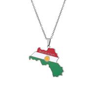CECECOLE Panzer Kurdistan Karte Flagge Anhänger Halskette Schmuck Charm Tropfen Glasur Pullover Kette Silber 45Cm