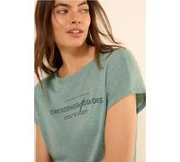 Print-Shirt CECIL, Damen, Gr. M (40), grün (matcha grün), Stoff, 82% Viskose, 10% metallisierte Fasern, 8% Polyamid, unifarben, normal normal, U-Boot-Ausschnitt, abgesteppt, Shirts, mit Schlitz im Nac