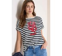 Cecil Damen Kurzarm Sweatshirt mit breiten Streifen in Blau, Gr: M