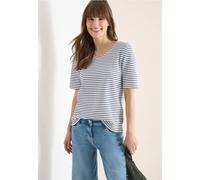 Kurzarmshirt CECIL, Damen, Gr. S (38), sporty denim blau, Jersey, Obermaterial: 63% Baumwolle, 23% Polyester, 12% Viskose, 2% Elasthan, gestreift, bequem hüftbedeckend, V-Ausschnitt, abgesteppte Kante