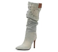 Ceciloroda Fancy Denim Dressy Stiefel Jeans Pants Slouch Stiletto Old Style Pointed Toe Fall Stiefel Pleated Jeans Party Heels Ligh-Blue Plus Size 47