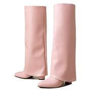 Ceciloroda Fold Over Stiefel Knee High für Damen Chunky Absatz Lange Stiefel Wide Calf Dressy High Boots Pointed Toe Slouch Boots Pink Size 37