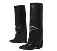 Ceciloroda Fold Over Stiefel Knee High für Damen Chunky Absatz Lange Stiefel Wide Calf Dressy High Boots Pointed Toe Slouch Boots Black Size 37