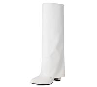 Ceciloroda Fold Over Stiefel Knee High für Damen Chunky Absatz Lange Stiefel Wide Calf Dressy High Boots Pointed Toe Slouch Boots White Size 36
