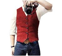 Ceehuteey Herren-Anzug, Weste, Tweed, Retro, V-Ausschnitt, Wolle, Fischgrätenmuster für Abschlussball, Rot/Ausflug, einfarbig (Getaway Solids), Large
