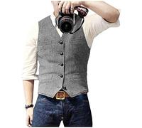 Ceehuteey Herren-Anzug, Weste, Tweed, Retro, V-Ausschnitt, Wolle, Fischgrätenmuster für Abschlussball, silber, Large