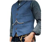 Ceehuteey Herren-Anzugweste, Tweed, Retro, V-Ausschnitt, Wolle, Fischgrätenmuster, für Abschlussball, Blau, Large