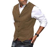 Ceehuteey Herren-Anzugweste, Tweed, Retro, V-Ausschnitt, Wolle, Fischgrätenmuster, für Abschlussball, Braun, Large