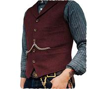 Ceehuteey Herren-Anzugweste, Tweed, Retro, V-Ausschnitt, Wolle, Fischgrätenmuster, für Abschlussball, Burgunder, Small