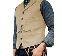 Ceehuteey Herren-Anzugweste, Tweed, Retro, V-Ausschnitt, Wolle, Fischgrätenmuster, für Abschlussball, Champagner, X-Large