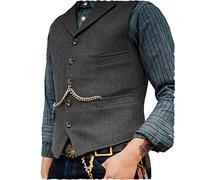 Ceehuteey Herren-Anzugweste, Tweed, Retro, V-Ausschnitt, Wolle, Fischgrätenmuster, für Abschlussball, GRAU, X-Large