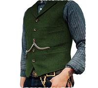 Ceehuteey Herren-Anzugweste, Tweed, Retro, V-Ausschnitt, Wolle, Fischgrätenmuster, für Abschlussball, Grün , X-Large