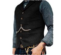 Ceehuteey Herren-Anzugweste, Tweed, Retro, V-Ausschnitt, Wolle, Fischgrätenmuster, für Abschlussball, Schwarz, Medium