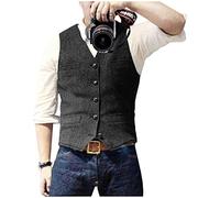 Ceehuteey Herren Anzugweste Tweed Retro V-Ausschnitt Wolle Fischgrätenmuster Gilet Hochzeitsweste - Schwarz - Small