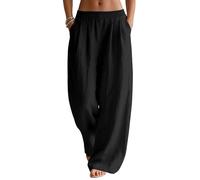 Cegerne Leinenhose Damen Sommer Hose Casual Strandhose Weite Bein Freizeithose Elegant Einfarbig Sommerhose Leichte Leinen Stoffhose mit Taschen, Schwarz, M