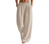 Cegerne Leinenhose Damen Sommer Hose Casual Strandhose Weite Bein Freizeithose Elegant Einfarbig Sommerhose Leichte Leinen Stoffhose mit Taschen, Beige, XL