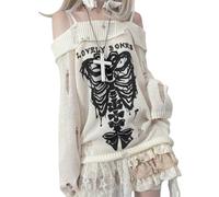 CEINOM Y2k Harajuku Gothic Strickpullover für Damen, japanische Mode, sexy Totenkopf, schulterfrei, Punk, lockerer Pullover, Weiss/opulenter Garten, Klein