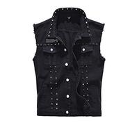 Cekaso Herren Denim Weste Punk Ärmellos Jeansjacke Rocker Nieten Westen, Schwarz, Large