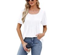 Celadyen Bluse Damen Elegant Scoop Neck Falten Blusenshirt Kurzarm Sommer Tunika T-Shirts Lässig Sommerblusen Oberteile Leicht Short Sleeve Longshirt Frauen Blusentop Locker, Weiß XL