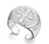 CELESTIA Siegelring Herren Silber 925 mit Kreuz Heiliger Benedikt, Verstellbare Ringe-Polierte Ringe Herren-Silber Ring Männer Offener Kreis Fingerring, Geschenke für Vater, Ehemann, Freund