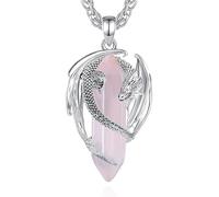 CELESTIA Versilbert Drachen Kette Damen mit Rosenquarz Stein Edelstein Anhänger Heilkristalle Kette Rosa Kristall Halskette Gothic Schmuck Fantasie Geschenke für Frauen Freundin