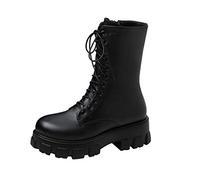Celucke Biker Boots Damen Stiefeletten mit Blockabsatz und Reißverschluss, Klassische Winterstiefel im Military-Stil, Schnürstiefel Combat Boots (Schwarz, 39)