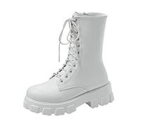 Celucke Biker Boots Damen Stiefeletten mit Blockabsatz und Reißverschluss, Klassische Winterstiefel im Military-Stil, Schnürstiefel Combat Boots (Weiß, 41)