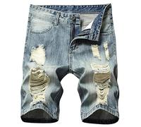 Celucke Herren Jeans Shorts Patches Kurze Hose Sommer Bermuda Denim im Used-Look, Männer Vintage Jeanshose Label Moderne Slim Fit Mix (Blau, W34)