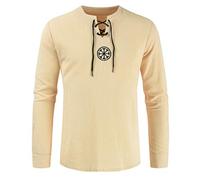 Celucke Mittelalter Leinenhemd Herren Langarm V Ausschnitt mit Schnürung, Vintage Leinen T Shirts Männer Schnürhemd Sommer Freizeithemd Leichte Bequem Atmungsaktives (Beige, XXXXL)