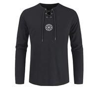 Celucke Mittelalter Leinenhemd Herren Langarm V Ausschnitt mit Schnürung, Vintage Leinen T Shirts Männer Schnürhemd Sommer Freizeithemd Leichte Bequem Atmungsaktives (Schwarz, XXL)