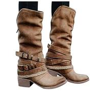 Celucke Mittelstiefel Damen Kniehohe Stiefeletten Mode Blockabsatz Schuhe Casual Frauen Boots mit Schnalle Herbst Winterstiefel Worker Stiefelette Ritterstiefel Stiefel