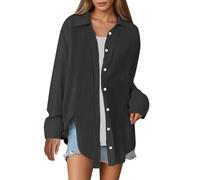Celucke Musselin Bluse Damen Langarm Elegant Leicht Oversize Tuniken Einfarbig Lässiges Hemd Sommer Oberteile Button-Up Revers Hemd Beach Shirt S-XXL