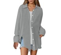 Celucke Musselin Bluse Damen Langarm Elegant Leicht Oversize Tuniken Einfarbig Lässiges Hemd Sommer Oberteile Button-Up Revers Hemd Beach Shirt S-XXL