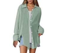 Celucke Musselin Bluse Damen Langarm Elegant Leicht Oversize Tuniken Einfarbig Lässiges Hemd Sommer Oberteile Button-Up Revers Hemd Beach Shirt S-XXL