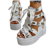 Celucke Sandalen Damen Plateau Keilsandalen Pumps High Heels mit Blockabsatz und Blumen Riemchen Plateauschuhe Keilabsatz Sandaletten Römischeschuhe