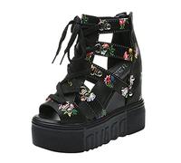 Celucke Sandalen Damen Plateau Keilsandalen Pumps High Heels mit Blockabsatz und Blumen Riemchen Plateauschuhe Keilabsatz Sandaletten Römischeschuhe