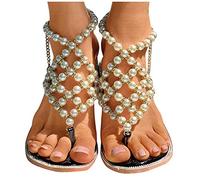 Celucke Sandalen Damen Sommer mit Perle,Brautschuhe Flach Zehenschlaufe Sandaletten,Böhmen Strandsandalen Elegante Freizeit Vintage Römische Zehentrenner Komfortable Schuhe