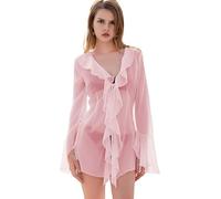 Cenei Damen-Top mit Rüschen, Transparent, Langärmelig, Durchsichtiges Netz, Bluse, Oberteile, Übergroß, Fließend, Chiffon-Tunika Rosa L