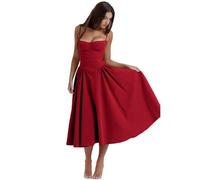 CERAVI Sleeveless Corset Fit Midi Dress Spaghetti Strap Sundress Solid Color Print Bustier High Waist A Line Dress with Pockets (Red,S)