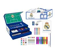Real Madrid Schreibwaren-Set, komplettes Schuletui für Kinder, mit Filzstiften, Buntstiften und offiziellem Zubehör, Weiß zum Zeichnen und Ausmalen, Real Madrid Aktenkoffer, 26.0x10.0x13.0 cm