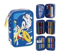 CERDÁ LIFE'S LITTLE MOMENTS Sonic Federmäppchen mit 3 Reißverschlussfächern, gefüllt mit Schreibwaren für Schule, Kunst und Reisen