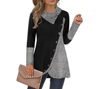 Cestyle Damen Herbst Langarm Wasserfallkragen Asymmetrischer Saum Flowy Tunika Top, 1# Hahnentritt, Mittel