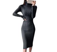 Cexiakong Damen Strickkleid Rollkragen Herbst Winter Sexy Langarm Midi Kleid Pulli Langes Kleid Slim Pulloverkleid Bodycon Warm Einfarbig Slimfit Bequem Wickelkleid Langarm