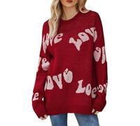 Cexiakong Damen Valentinstag Bedrucktes Strickpullover Langarm Strickpulli Casual Lose Pullover Rundhalsausschnitt Damenpullover Winter Fashion Langarmshirt Gestrickt Sweater Slim Fit Sweatshirt