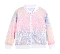 Cexiakong Pailletten Bomberjacke Girl Jacke mit Taschen glitzernde Oberbekleidung Reißverschluss langärmelig Geburtstagsjacken Regenbogen Einhorn 4 13 Jahre