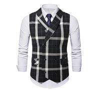 Cexiakong Trachtenweste Herren Anzugweste Ärmellose Businessweste Hochzeit Kariertes V-Ausschnitt Zweireiher Trachtengilet Gestreifter Anzug Weste