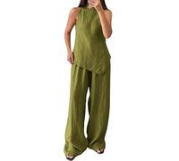 Cexiakong Zweiteiler Damen Elegant Freizeitanzug Set Sommer Outfit Ärmellose Asymmetrisch Tanktop und Weitem Bein Lang Hosen Bequem Weich Hausanzug Atmungsaktiv Loungewear Einfarbig Damenanzug